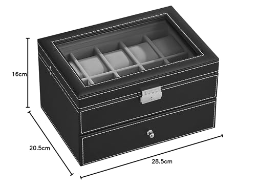 SONGMICS Watch Box, Watch Case with Glass Lid, 2 Levels, Watch Holder with Removable Watch Pillows, Watch Organizer, Gift Idea, PU Cover in Black, Velvet Lining in Grey JWB020