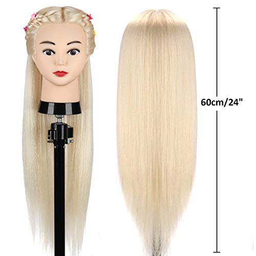 Practice Head, TopDirect 60cm/24 Inch 70% Real Hair Mannequin Head Wig Head Doll Head Hairdresser Head Training Heads with Stand + DIY Hair Accessories Styling, White
