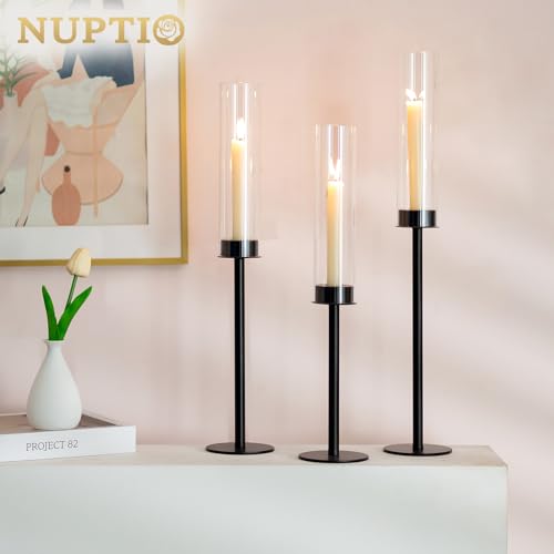 Nuptio glass cylinder candle holder black: 60 & 55 & 50cm clear glass metal candlestick pillar candle holder large baseless cylinder shade wedding table centerpiece