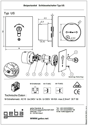 Key switch flush-mounted bgs 2-key push US 1-2T/1 121.1301.1A, including DIN profile half cylinder & 3 keys burglar-resistant (European patented system), grey/aluminum-anodized