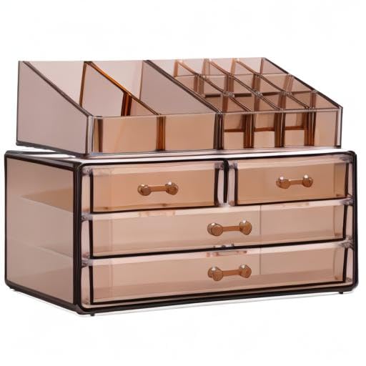 Navaris Makeup Storage Organizer - Cosmetic Storage Box made of transparent acrylic - Holder with drawers and compartments - 2in1 design - Brown