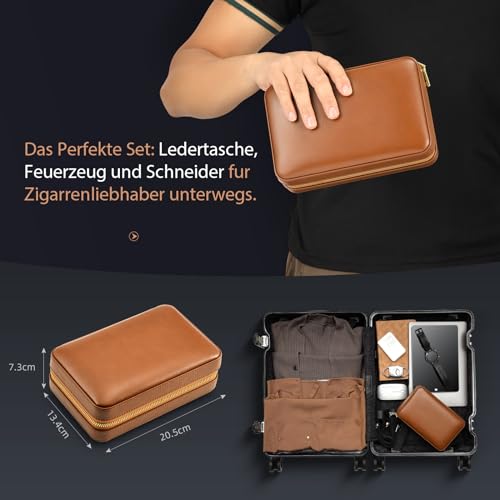 LEACHOI Leather Cigar Travel Humidor, Cigar Case with Lighter and Cigar Cutter, Cigar Accessories Set, Cigar Gift Set - Holds up to 6 Cigars - Brown