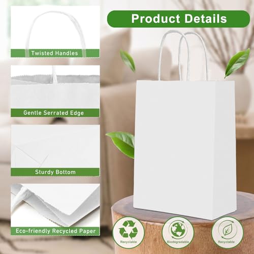 Gucass 50 pieces Medium Paper Bags with Handle, White Kraft Paper Gift Bags, 21x11x27cm Paper Carrier Bag, Gift Bags for Packaging Shopping Birthday Parties Wedding Christmas.