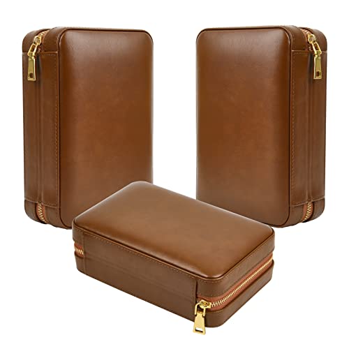 LEACHOI Leather Cigar Travel Humidor, Cigar Case with Lighter and Cigar Cutter, Cigar Accessories Set, Cigar Gift Set - Holds up to 6 Cigars - Brown
