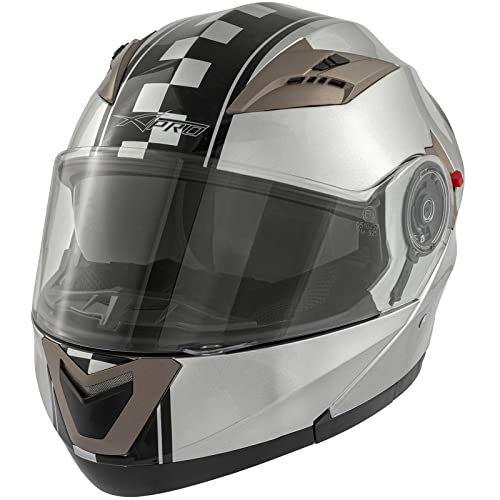 A-Pro Motorcycle Helmet Flip-Up Helmet Dual Visor Graphic Touring Approved ECE 22 Silver XL