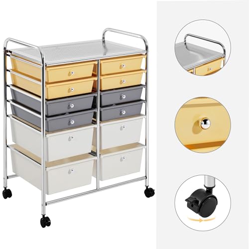 Yaheetech Kitchen Trolley on Wheels, Rolling Kitchen Cart with 12 Stackable Drawers, Utility Cart for Bathroom, Kitchen, Office, Makeup, 63 × 38.5 × 82 cm, Yellow/Gray/Beige.