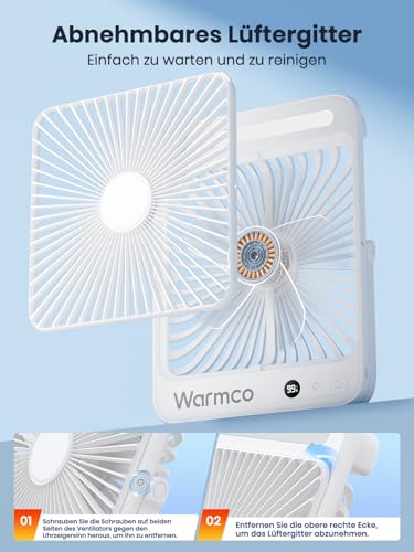 Warmco 20000mAh Portable Camping Fan 27cm with LED light, Ultra-Quiet, Thin, Digital Display, Up to 48H Runtime for Outdoor, Travel, Office, Bedroom
