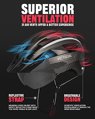 VICTGOAL bike helmet with visor Mountain bike helmet with magnetic glasses Detachable visor, road bike helmet with LED taillight Size M/L/XL for adult men women (TI-UK, L: 57-61cm)
