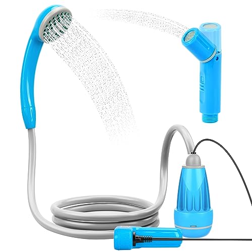 LIBERRWAY camping shower with pump, 45-60mins battery camping shower outdoor with 2-3.5 L/min water flow rechargeable battery and 1.8m shower hose water pump for garden travel car washing