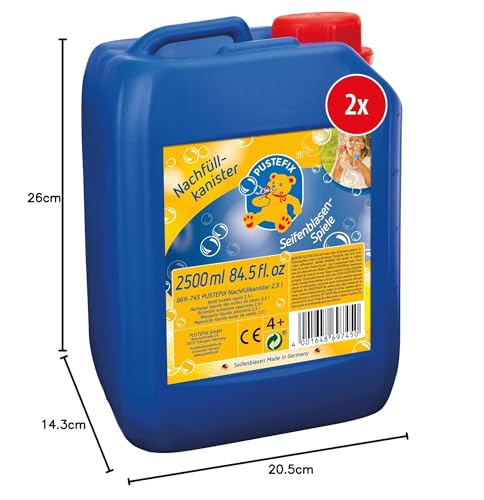 PUSTEFIX Refill Canister I 2 x 2.5 l Bubble Solution I Colorful Bubbles Made in Germany I Bubbles for Wedding, Kids' Birthday Parties, Summer Festivals I Colorful Bubbles for Children & Adults
