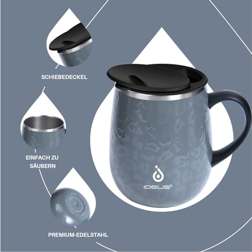 Ideus Coffee Cup 470 ml (16 oz), double-walled vacuum insulated coffee and tea mug made of stainless steel with non-slip handle and sliding lid with large capacity (Leopard Gray)