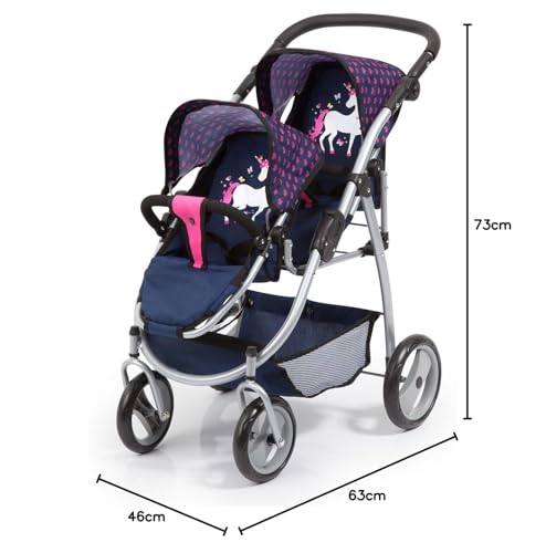Bayer Design 26554AA Twin Dolls Pram, modern, adjustable handle, foldable, with unicorn design, blue pink, 46 cm