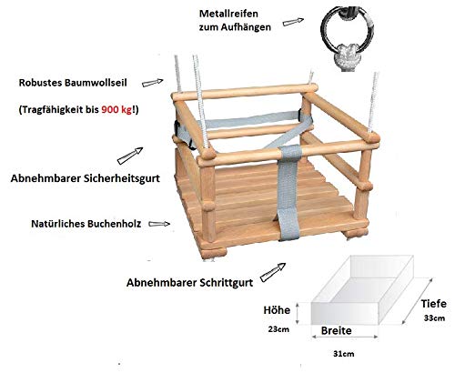Wooden baby swing, children's swing made of wood, wooden baby bouncer, indoor baby swing, fabric baby seat, hanging baby swing, 4-in-1 safety harness, indoor/outdoor use (natural & light gray).