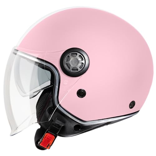 VINZ Parchi Jet Helmet with Dual Visor | Scooter Helmet Fashion with Stripes | Available in sizes XS-XXL | Jet Helmet with Sun Visor | ECE 22.06 Certified | Motorcycle Helmet with Visor - Pink