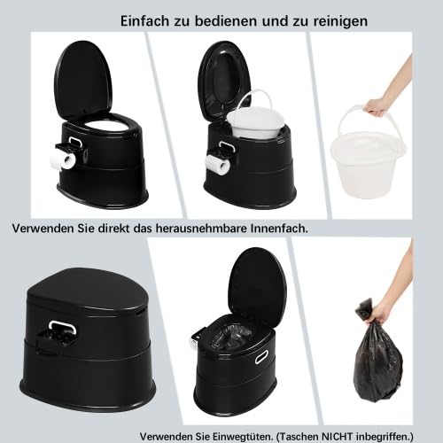 Bonnlo Portable Camping Toilet, Removable Inner Bucket Mobile Toilet with Seat, Lid, and Toilet Paper Holder, for Camping (Black)