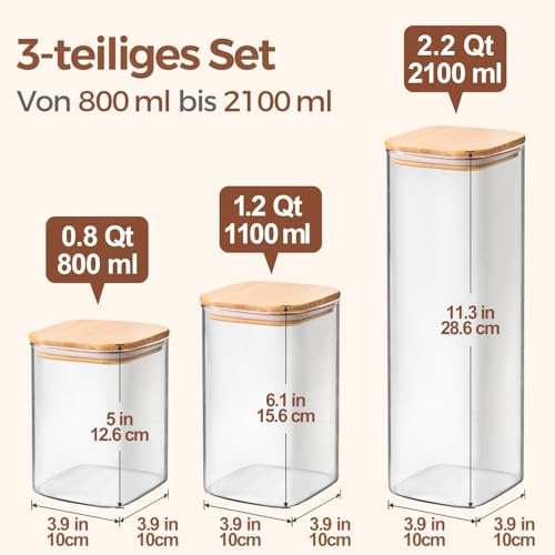 ComSaf 800ml/1100ml/2100ml Glass Food Storage Containers with Lid 3-Pack, Φ10cm. Airtight glass jars with lids for kitchen ingredients. Square glass containers for pasta, flour, cereal, sugar.