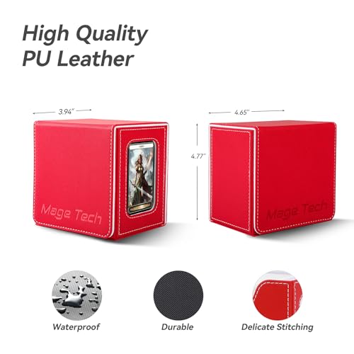 Mage Tech Card Deck Box for MTG Commander - Patented design, Commander display, fits 100 double-sleeved cards, 35pt card brick & dice tray - Red/White.