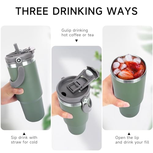 Riley Joy thermal cup 900ml, 1200ml drinking cup with lid and stainless steel straw insulation for hot and cold drinks coffee mug for water, coffee or iced tea (Green, 900 ml)