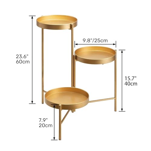 SUPTAIN 3 tier metal plant stand, flower stand with three removable trays, Multi-layer plant shelf flower shelf plant stairs for living room corner balcony terrace courtyard, Gold