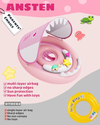 ANSTEN Baby Swimming Ring Pink, suitable for babies aged 6-36 months. With sunshade, detachable toys, and inflatable double ring chambers for water familiarization.