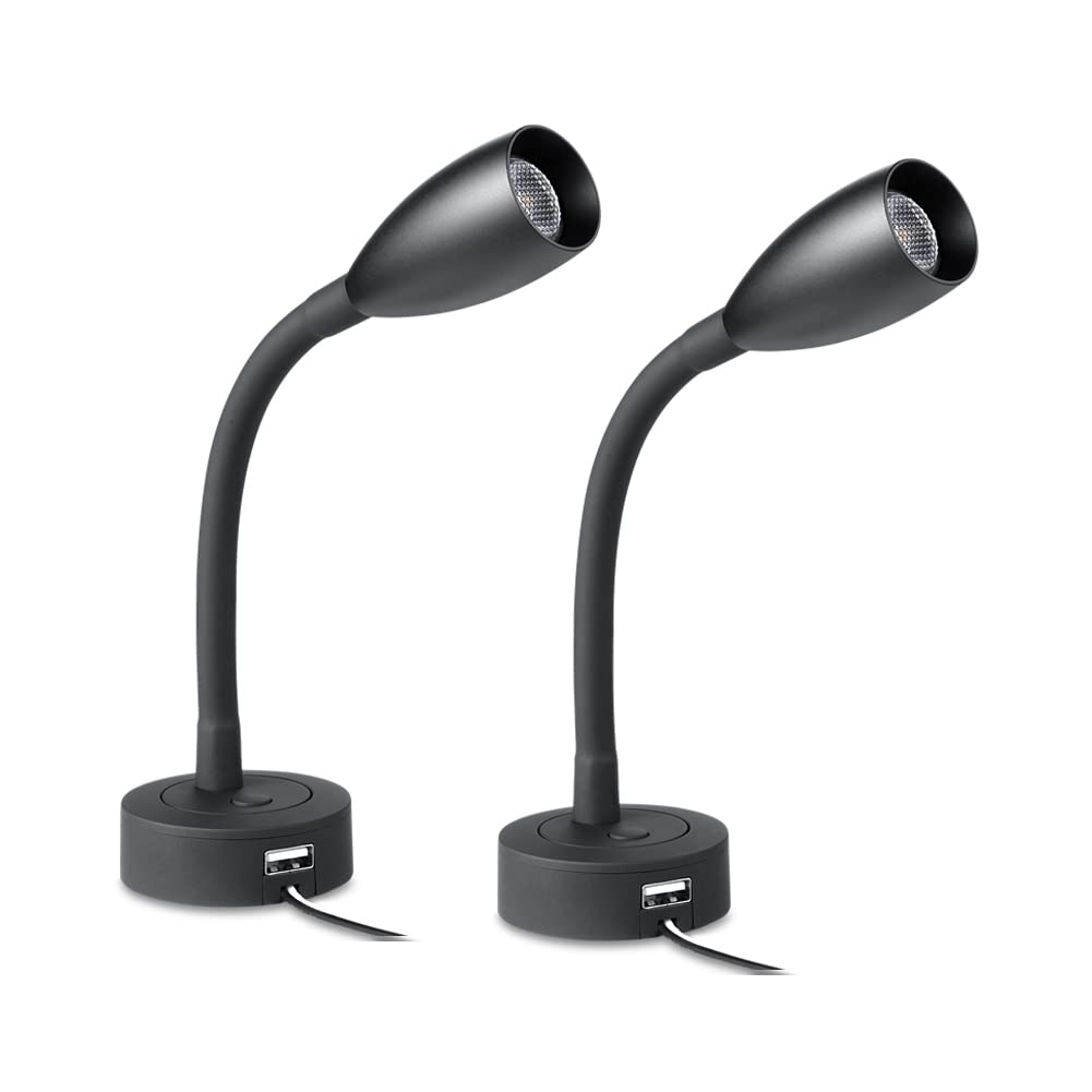 2 x LED Reading Lamp 12V RV Dimmable Flexible Gooseneck Wall Lamp Spot Eye-Care Bed Light Wall Mounted for Boat Caravan Camper Yacht, Built-in USB and Dimmer Switch Black