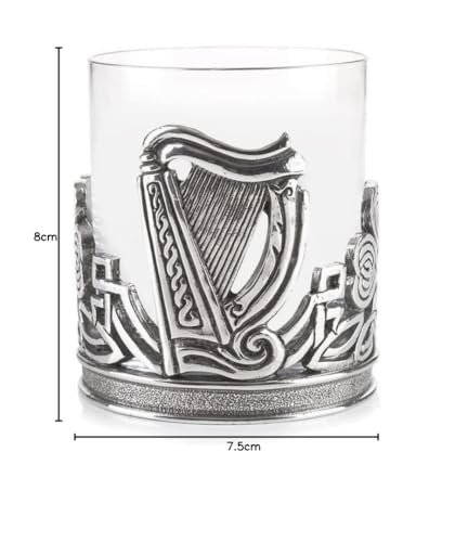 AE Williams whiskey glass with Irish Celtic shamrock and harp made of pewter.