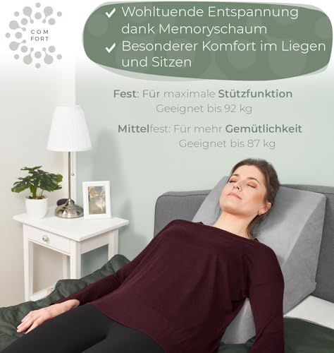 Reading pillow for bed and sofa, Comfortable back pillow with memory foam, Reflux pillow usable as a wedge pillow bed, Bed pillow backrest or headboard, Cozy bed wedge as a pleasant back support.