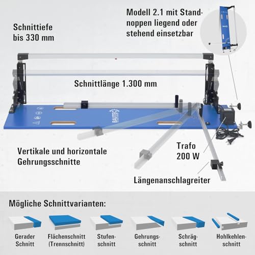 BAUTEC Styrofoam Cutter GAZELLE 2.1 (200W) » Tabletop device with stand feet + STYROCUTTER 250W in carrying case » Professional set: 10 cutting wires, grinding rasp, 6 Styrogrips » Cutting length 1,300mm