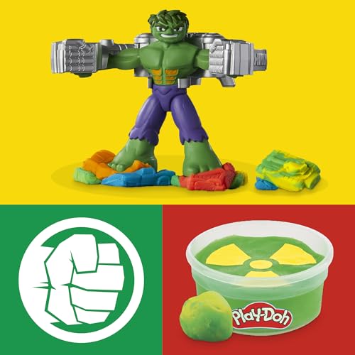 Play-Doh Marvel Hulk Smash & Squeeze Fun, action figure and 3 x 28g cans and 1 x 56g can, dough press and molds, creative fun for kids ages 3 and up.