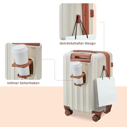 Joyway suitcase carry-on luggage set of 4, hard shell suitcases with drink holder, 4 wheels TSA lock The suitcase, Beige Brown