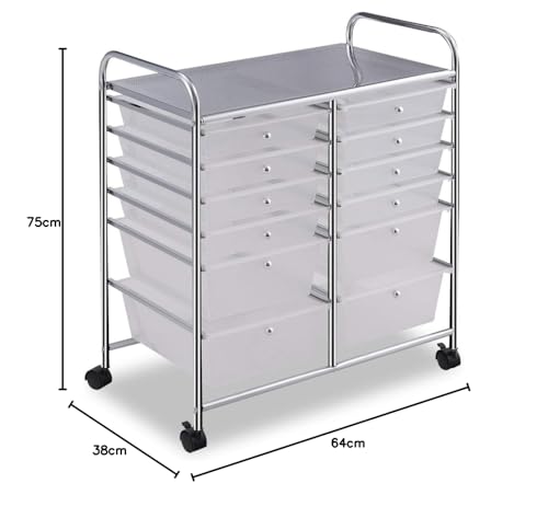 COSTWAY rolling cart with 12 stackable drawers, drawer cart with metal frame and shelf, bathroom cart storage cart for office, living room (Transparent)