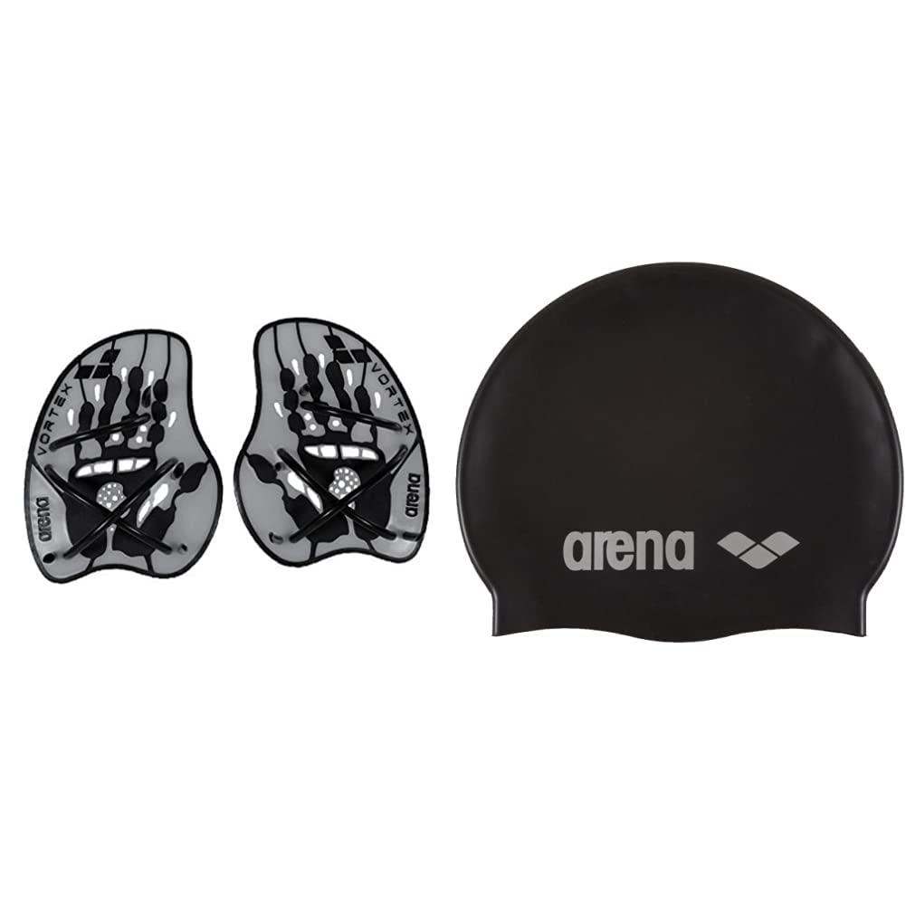 ARENA Unisex Competition Training Aid Hand Paddle Vortex, Silver-Black (15), M & Unisex Swim Cap Classic Silicone (Reinforced Edge, Soft), Black-Silver (55), One Size