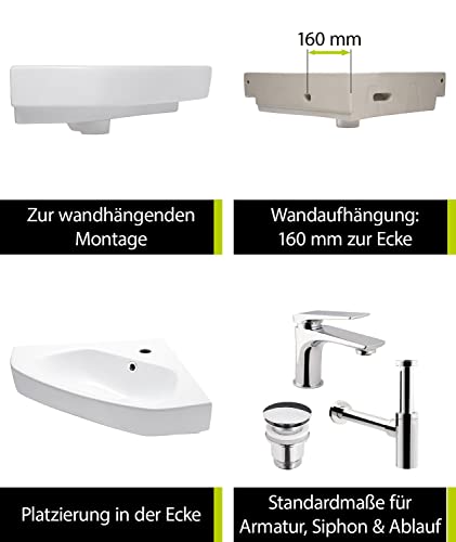 aquaSu® Corner hand washbasin Utha 46 cm | Corner washbasin with overflow and tap hole | Wall-hung corner washbasin | 46 x 47 cm | White ceramic | 56217 1