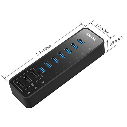 Anchor 10 Port 60W Data Hub USB 3.0 7-Port with 3 PowerIQ charging ports, compatible with MacBook, Mac Pro/Mini, iMac, XPS, Surface Pro, iPhone 7, 6s Plus, iPad Air 2, Galaxy Series, Mobile HDD, and more.