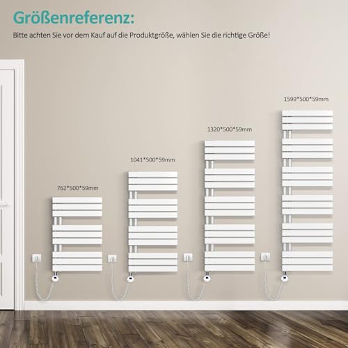 EMKE electric towel radiator with thermostat, white, 1320x500mm. 800W electric towel warmer and dryer.