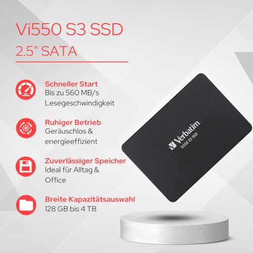 Verbatim Vi550 S3 SSD 1TB, internal 2.5" SATA III SSD drive with 3D NAND technology, up to 550 MB/s read speed, perfect for PC and notebook, black