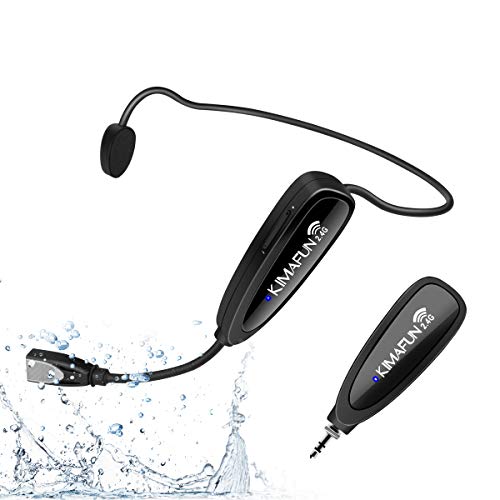 Wireless fitness microphone headset, KIMAFUN sweatproof waterproof headset microphone with rechargeable transmitter and pocket receiver for speakers, PA, smartphone, fitness trainers, yoga