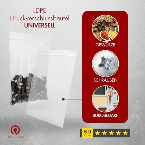 Elke-Plastic resealable bags 50 μm 180×250 mm – 1000 pieces – Plastic bags for food, reusable bags – high-quality bags for storage, organization, and packaging.