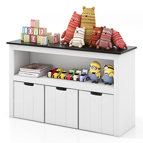DREAMADE Kids Bookshelf Toy Cabinet with 3 Drawers on Wheels, Toy Storage for Kids, Toy Organizer Toy Shelf for Children's Room Living Room, 102x33x62cm (Black Top)