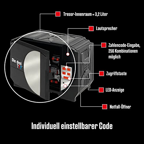 The Three Investigators Digital Safe from KOSMOS. Protect your secrets with a code and voice alarm. Detective toy set for kids aged 8 and up. Mini safe.