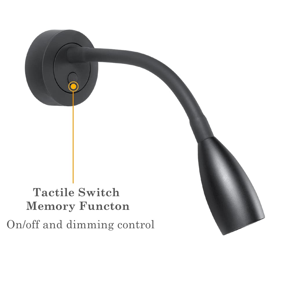 2 x LED Reading Lamp 12V RV Dimmable Flexible Gooseneck Wall Lamp Spot Eye-Care Bed Light Wall Mounted for Boat Caravan Camper Yacht, Built-in USB and Dimmer Switch Black
