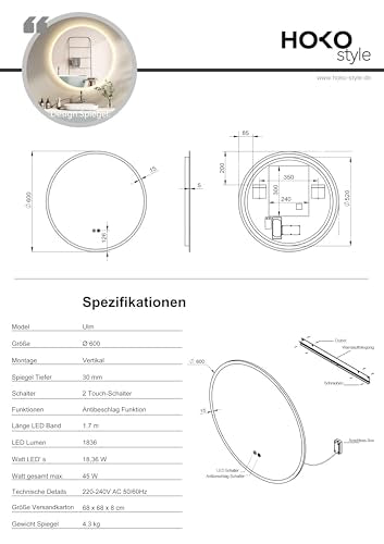 HOKO bathroom mirror 60cm ULM, with ANTI-FOG MIRROR HEATING, round bathroom mirror with LED lighting and with touch switch + LED change - Warm White - Cool White - Neutral.