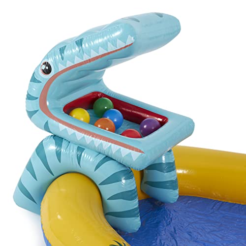 Intex Dinosaur Water Sprayer Play Center measuring 20 x 1.2 m, inflatable kids pool with colorful Fun Ballz, 100 pieces.
