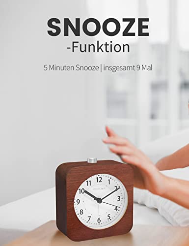 aboveClock Analog Alarm Clock Without Ticking, Wood Alarm Clock with Snooze, Retro Nightstand Clock with Night Light, Battery Operated Analog Table Clock 【1×AA Battery Required】- Natural Wood in Brown