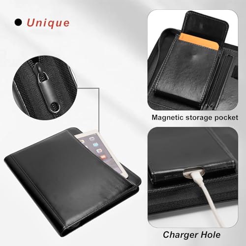Leathario A4 conference folder, zippered padfolio, document organizer, portfolio, writing pad, black.