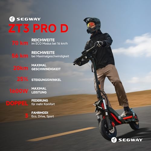 Segway ZT3 Pro D, street-legal E-Scooter, 70km Eco range, 56km range at 20km/h, full suspension, 120kg weight capacity, 25% incline, Apple FindMy, off-road tires, waterproof, Ninebot.