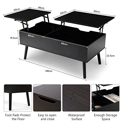 VOWNER coffee table, adjustable height, extendable, retractable, separate hidden storage compartment, double lift top, living room table, black walnut color.