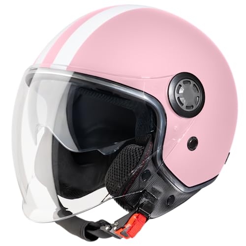 VINZ Parchi Jet Helmet with Dual Visor | Scooter Helmet Fashion with Stripes | Available in sizes XS-XXL | Jet Helmet with Sun Visor | ECE 22.06 Certified | Motorcycle Helmet with Visor - Pink