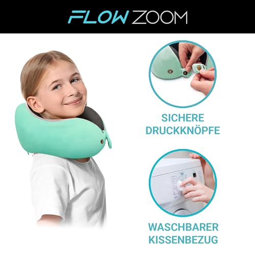 FLOWZOOM Kids Neck Pillow for Home Reading - Travel Pillow made of Memory Foam with extra soft pillowcase for kids aged 6+ - Comfy Kids Turquoise