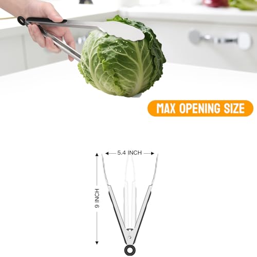 HOTEC Stainless Steel Kitchen Tongs, 2-9 inches, Metal Locking for Food, Cooking Tongs, Non-Slip Grip (Black)